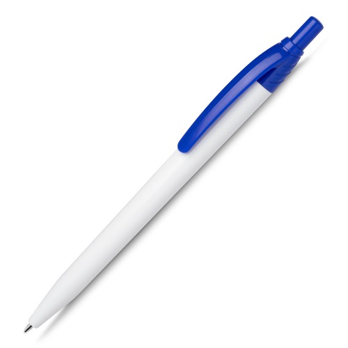 Caneta plástica retrátil escrita em azul. 13,8xø0,8cm