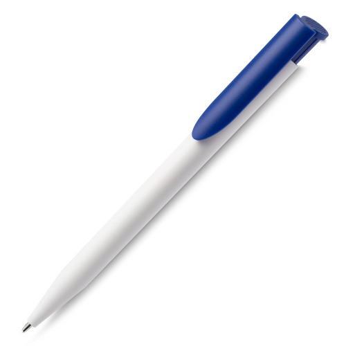Caneta plástica esferográfica retrátil escrita em azul. 14,5xø1,0cm
