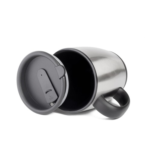 Caneca em aço inox de 450 ml, alça de mão plástica, tampa com vedação. 14xø10,5cm