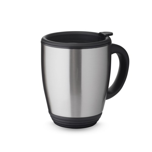 Caneca em aço inox de 450 ml, alça de mão plástica, tampa com vedação. 14xø10,5cm