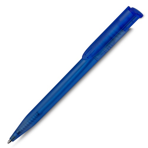 Caneta de plástico, escrita em azul. 14,5xø1,0cm
