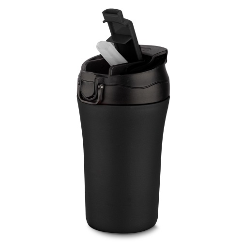 Copo térmico com saída de líquido dupla, por sucção (canudo) ou por bico. Capacidade 500 ml. 17,5xø7xø8cm