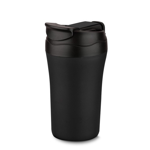 Copo térmico com saída de líquido dupla, por sucção (canudo) ou por bico. Capacidade 500 ml. 17,5xø7xø8cm