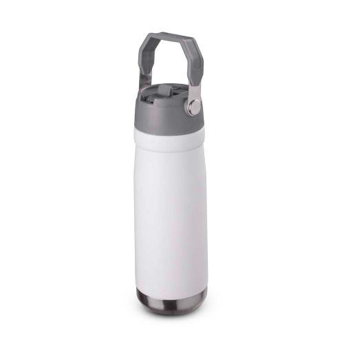 Garrafa térmica em aço inox. Capacidade de até 650 ml. Tampa em plástico, com alça para transporte.  24xø7,4cm