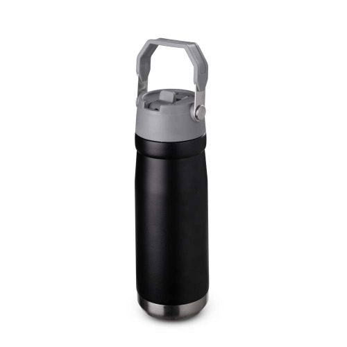 Garrafa térmica em aço inox. Capacidade de até 650 ml. Tampa em plástico, com alça para transporte.  24xø7,4cm