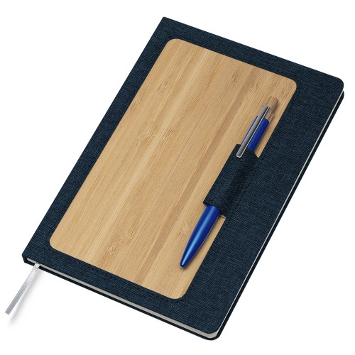 Caderno capa dura em material reciclável e bambu com suporte para caneta. 80 folhas. 21,3x14,5cm