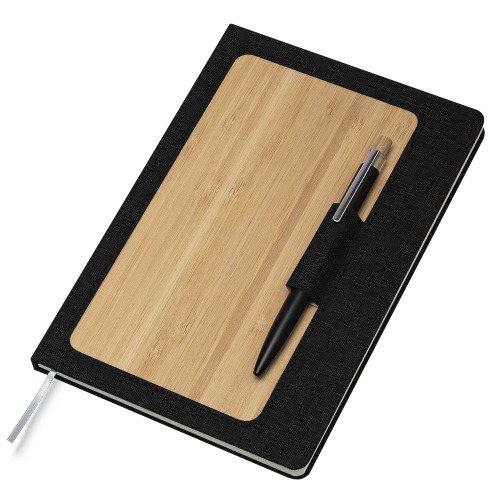 Caderno capa dura em material reciclável e bambu com suporte para caneta. 80 folhas. 21,3x14,5cm