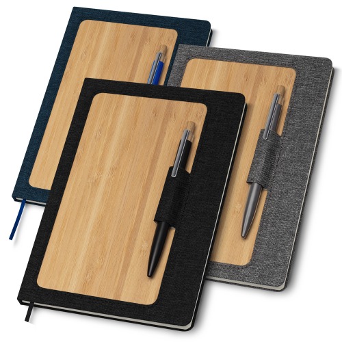 Caderno capa dura em material reciclável e bambu com suporte para caneta. 80 folhas. 21,3x14,5cm
