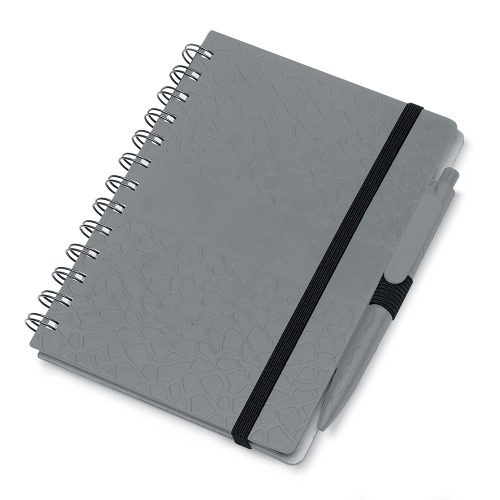Caderno capa dura e textura que imita pedra reciclável com suporte para caneta. 70 folhas. 17,8x12,8cm/ caneta 13,8 cm