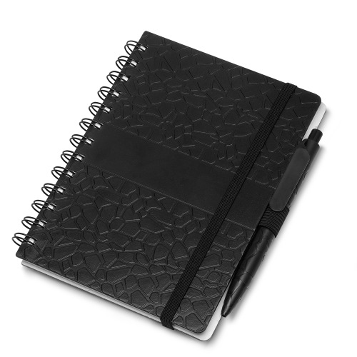 Caderno capa dura e textura que imita pedra reciclável com suporte para caneta. 70 folhas. 17,8x12,8cm/ caneta 13,8 cm