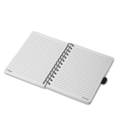 Caderno capa dura e textura que imita pedra reciclável com suporte para caneta. 70 folhas. 17,8x12,8cm/ caneta 13,8 cm