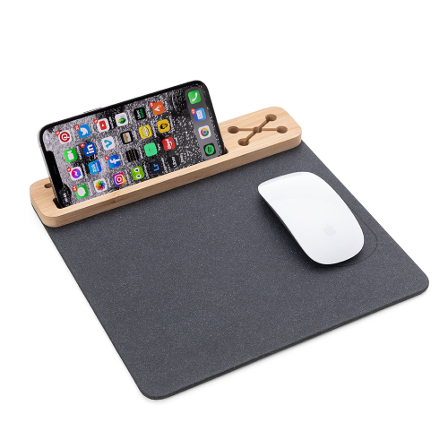 Mouse Pad em material sintético grafite e bambu, com porta canetas, cartões e apoio para celular.25,5x25,0x1,6cm