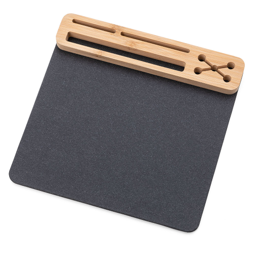 Mouse Pad em material sintético grafite e bambu, com porta canetas, cartões e apoio para celular.25,5x25,0x1,6cm
