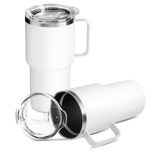 Caneca térmica em aço inox. Tampa plástica e anel de silicone para vedação. Capacidade até 600 ml. 12 x ø9 cm