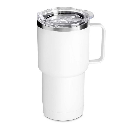 Caneca térmica em aço inox. Tampa plástica e anel de silicone para vedação. Capacidade até 600 ml. 12 x ø9 cm