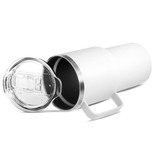 Caneca térmica em aço inox. Tampa plástica e anel de silicone para vedação. Capacidade até 600 ml. 12 x ø9 cm