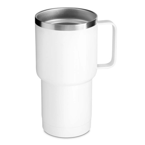 Caneca térmica em aço inox. Tampa plástica e anel de silicone para vedação. Capacidade até 600 ml. 12 x ø9 cm