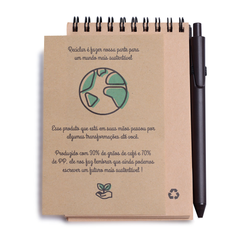 Bloco de anotações, capa produzida por grãos de café e PP misto. Caneta de plástico e café. 60 folhas. 14 x 9cm. Ecológico. Sustentável.