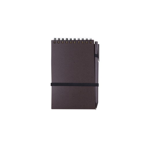 Bloco de anotações, capa produzida por grãos de café e PP misto. Caneta de plástico e café. 60 folhas. 14 x 9cm. Ecológico. Sustentável.