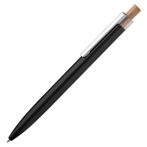 Caneta em alumínio reciclável e acionador em bambu. 14,5xø1,0cm