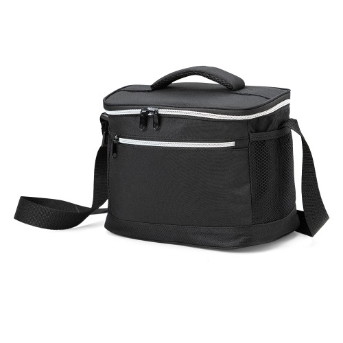 Bolsa térmica de nylon 10 litros com dois compartimentos e bolsos laterais em malha. 21 x 27 x 18 cm.