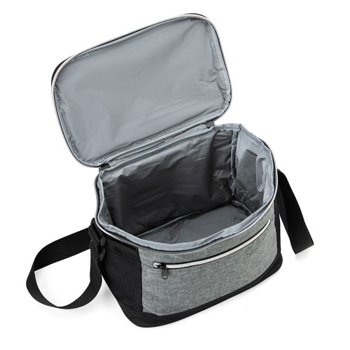 Bolsa térmica de nylon 10 litros com dois compartimentos e bolsos laterais em malha. 21 x 27 x 18 cm.