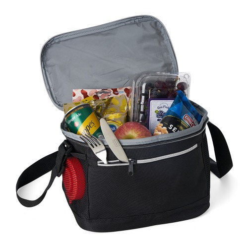 Bolsa térmica de nylon 10 litros com dois compartimentos e bolsos laterais em malha. 21 x 27 x 18 cm.