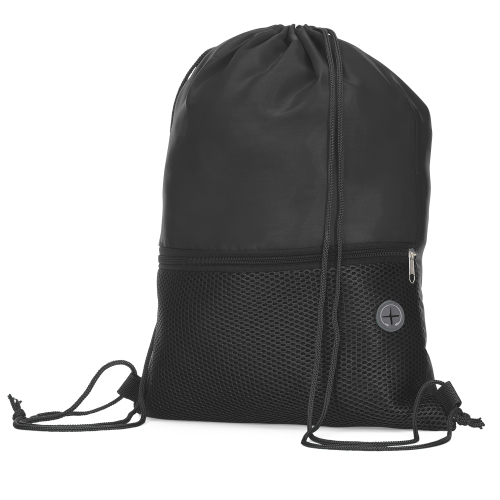 Sacola tipo mochila em tecido poliéster. Bolso frontal com zíper. 43 cm x  32 cm. Bolso: 16 cm x  32 cm.