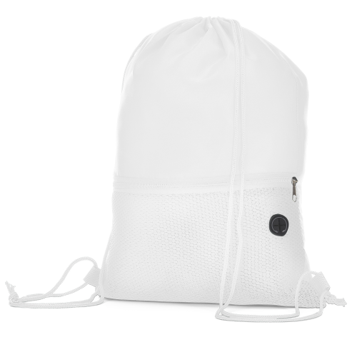 Sacola tipo mochila em tecido poliéster. Bolso frontal com zíper. 43 cm x  32 cm. Bolso: 16 cm x  32 cm.