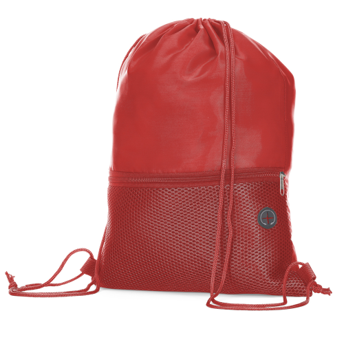 Sacola tipo mochila em tecido poliéster. Bolso frontal com zíper. 43 cm x  32 cm. Bolso: 16 cm x  32 cm.