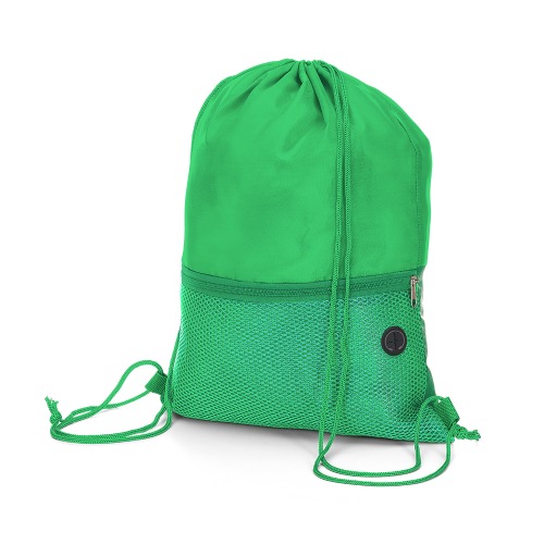 Sacola tipo mochila em tecido poliéster. Bolso frontal com zíper. 43 cm x  32 cm. Bolso: 16 cm x  32 cm.