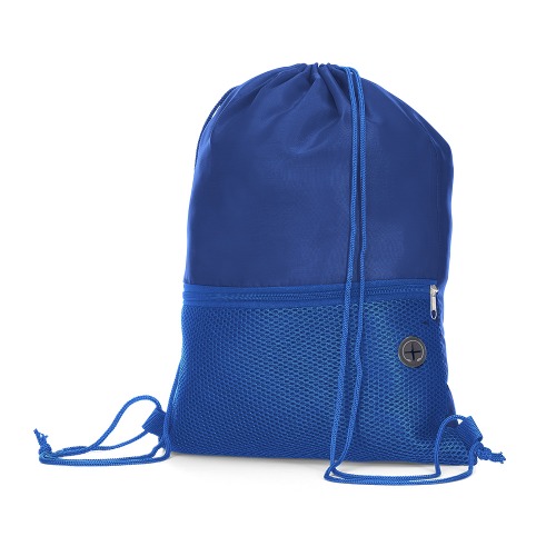 Sacola tipo mochila em tecido poliéster. Bolso frontal com zíper. 43 cm x  32 cm. Bolso: 16 cm x  32 cm.