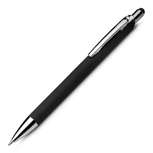 Caneta em alumínio reciclável com ponta touch emborrachada. 14,5xø1,0cm