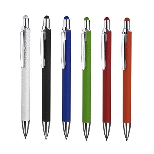 Caneta em alumínio reciclável com ponta touch emborrachada. 14,5xø1,0cm