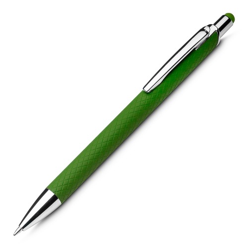 Caneta em alumínio reciclável com ponta touch emborrachada. 14,5xø1,0cm