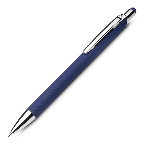 Caneta em alumínio reciclável com ponta touch emborrachada. 14,5xø1,0cm
