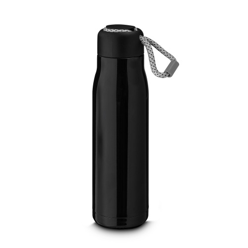 Garrafa Térmica em aço inox. Capacidade de 550 ml com corda para facilitar o transporte. 25xø7cm