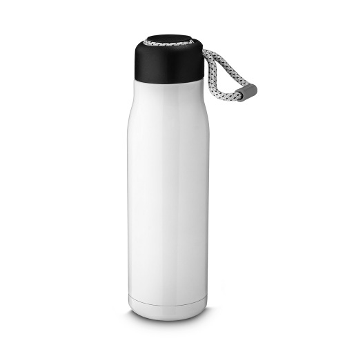Garrafa Térmica em aço inox. Capacidade de 550 ml com corda para facilitar o transporte. 25xø7cm