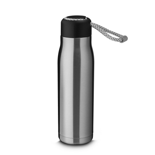 Garrafa Térmica em aço inox. Capacidade de 550 ml com corda para facilitar o transporte. 25xø7cm