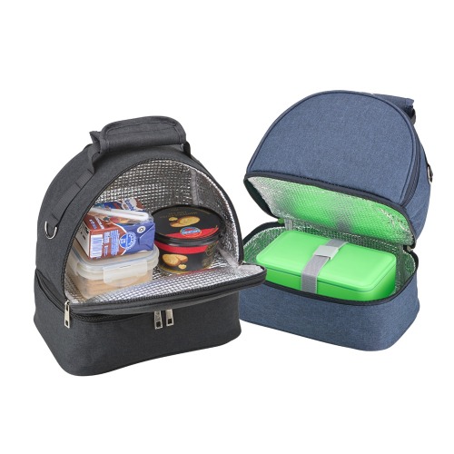Bolsa térmica dupla em nylon com dois compartimentos térmicos isolados, capacidade de 7 litros. 26 x 23 x 12 cm.