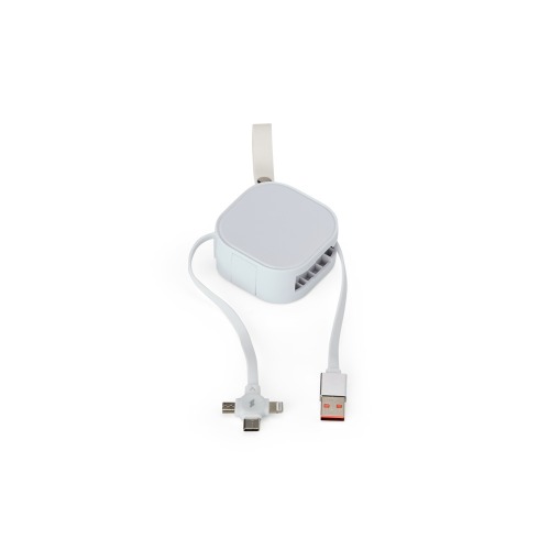 Cabo USB retrátil com suporte para celular. 5,7 x 5,7 x 2,5. Comprimento cabo: 101,5 cm