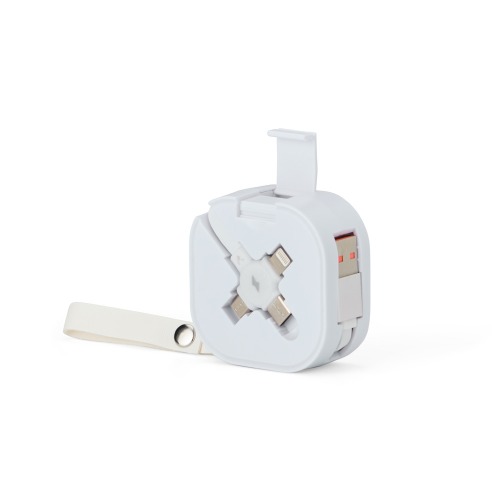 Cabo USB retrátil com suporte para celular. 5,7 x 5,7 x 2,5. Comprimento cabo: 101,5 cm