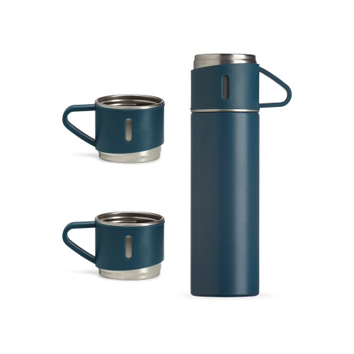 Garrafa produzida em inox com base antiderrapante e tampas de inox com revestimento plástico. Capacidade 450 ml. 23,3 x 9,8 x 21 cm.