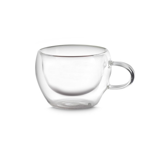 Conjunto com 2 xícaras de vidro borossilicato com parede dupla e capacidade de até 60ml.