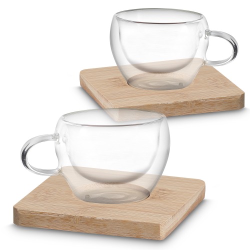 Conjunto com 2 xícaras de vidro borossilicato com parede dupla e capacidade de até 60ml.
