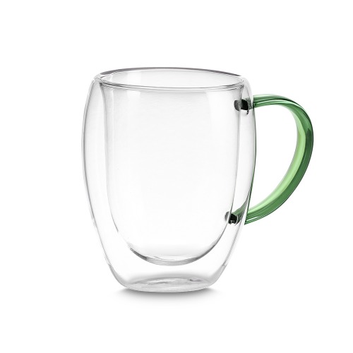 Caneca de vidro borossilicato com parede dupla, com capacidade de até 350ml.