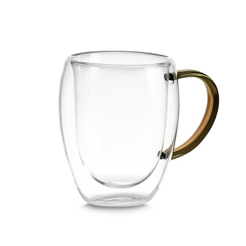 Caneca de vidro borossilicato com parede dupla, com capacidade de até 350ml.