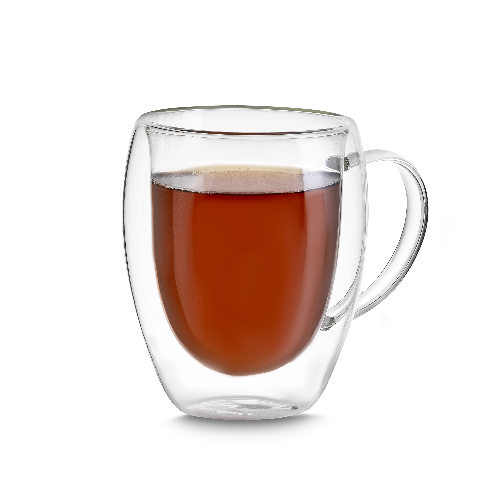 Caneca de vidro borossilicato com parede dupla, com capacidade de até 350ml.