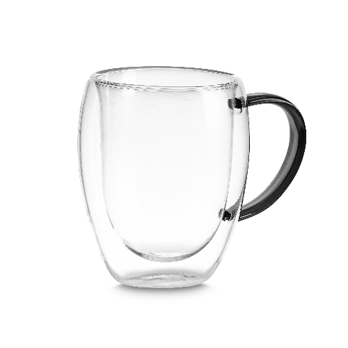 Caneca de vidro borossilicato com parede dupla, com capacidade de até 350ml.