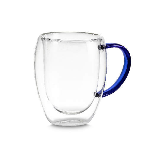 Caneca de vidro borossilicato com parede dupla, com capacidade de até 350ml.